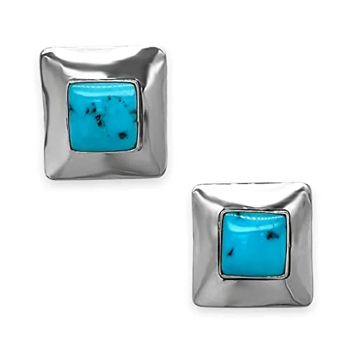 Genuine Kingman Turquoise Earrings, Sterling Silver, Authentic Native American Handmade in New Mexico, USA, Post, Square