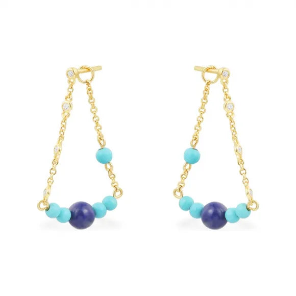 APM Monaco Silver Blue Stone Chain Drop Earrings - Yellow Gold Plated AE13197MY