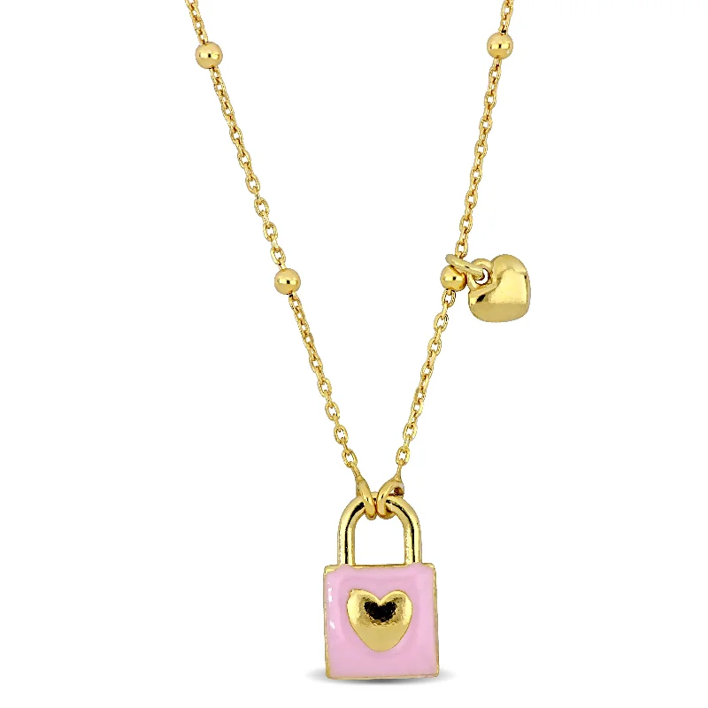 Mimi & Max Pink Enamel Lock and Heart Charm Necklace on Diamond Cut Ball Bead Chain in Yellow Silver- 16.5+1 in.