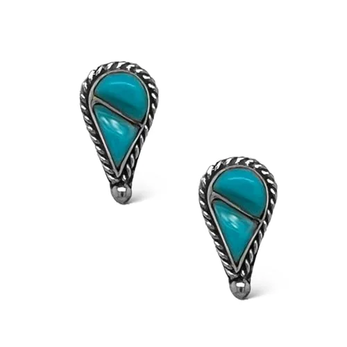 Genuine Sleeping Beauty Turquoise Teardrop Earrings, 925 Sterling Silver, Authentic Native American Handmade in New Mexico, USA, Post Stud, Small Blue Jewelry for Women, Nickel Free