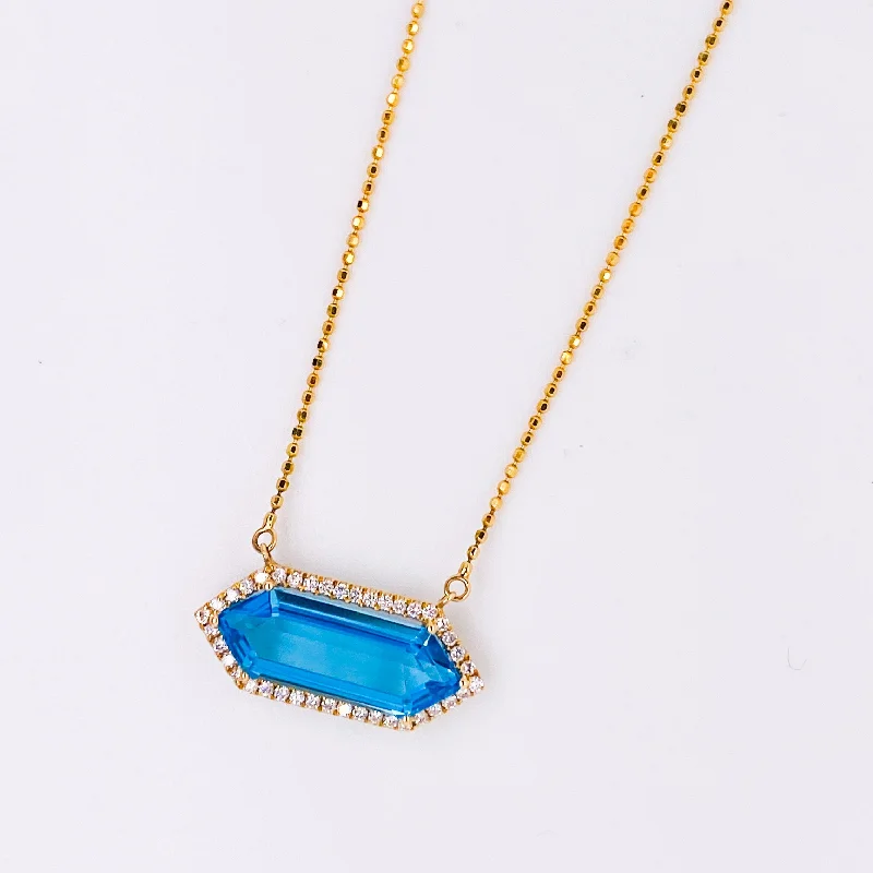 Hexagon Blue Topaz Diamond Halo Necklace