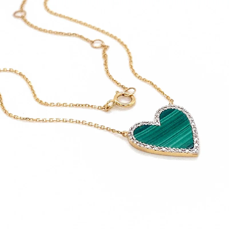 Stationary Malachite and Diamond Heart Necklace