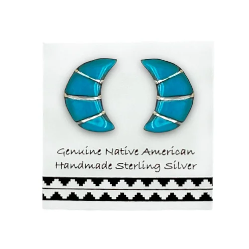 Genuine Sleeping Beauty Turquoise Moon Earrings, 925 Sterling Silver, Native American Navajo Tribe USA Handmade, Nickel Free, Post Stud