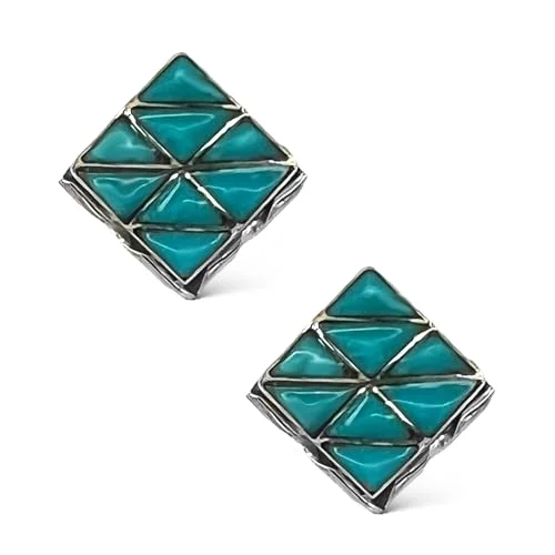 Genuine Sleeping Beauty Turquoise Earrings, 925 Sterling Silver, Authentic Native American Handmade in the USA, Artist Signed, Post Stud, SquareBlue Jewelry for Women, Nickel Free