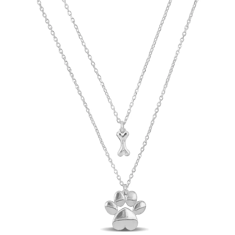 Mimi & Max Paw and Bone Charm Double Strand Necklace in Sterling Silver - 16+18+1 in.