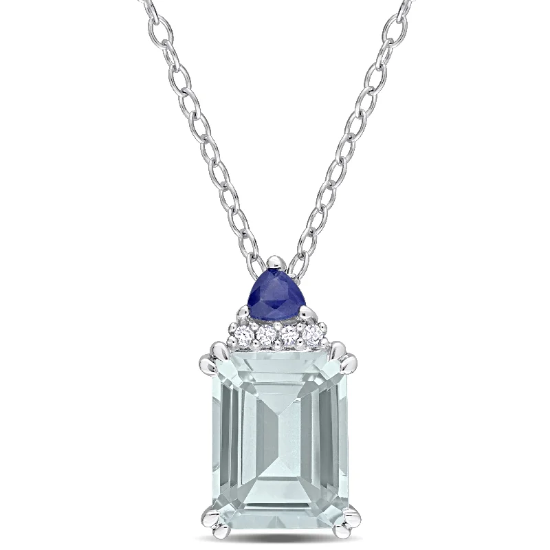 Mimi & Max Womens 2ct TGW Octagon Aquamarine Trilliant Blue Sapphire and Diamond Accent Necklace in Sterling Silver