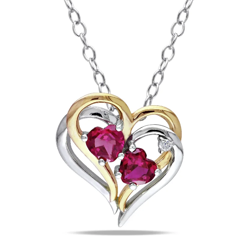 Mimi & Max Diamond and Created Ruby Heart Pendant with Chain in 2-Tone Yellow and White Sterling Silver