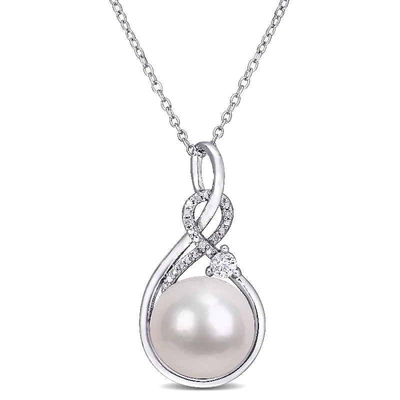 Mimi & Max 11-12mm Cultured Freshwater Pearl 1/6ct TGW Created White Sapphire and Diamond Necklace