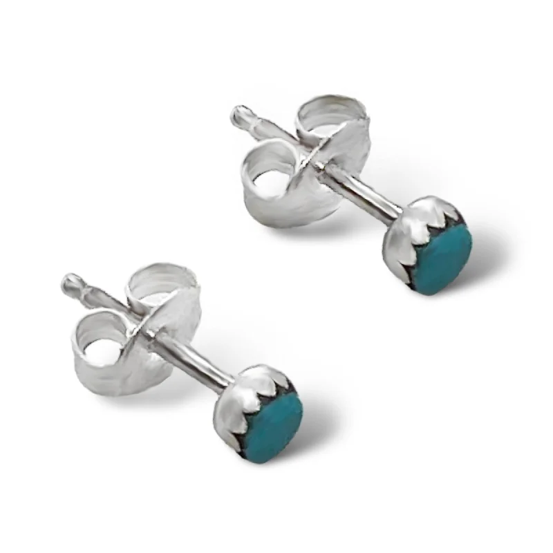 2mm Genuine Sleeping Beauty Turquoise Earrings, Extra Small, 925 Sterling Silver, Authentic Native American Handmade in New Mexico, USA, Post Stud, Minimalist Round Blue Jewelry for Women and Girls, Nickel Free