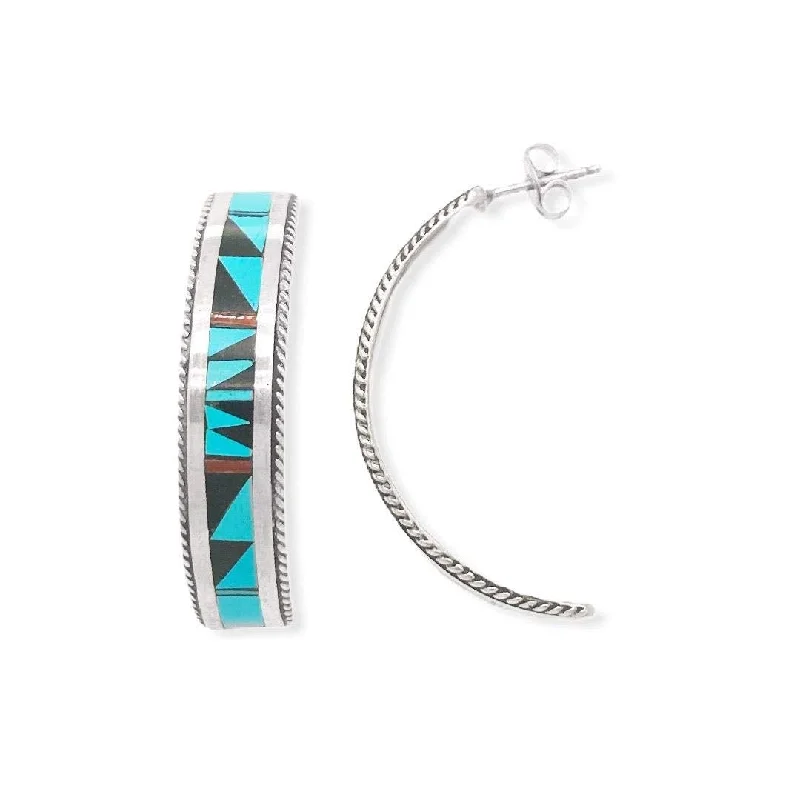 Genuine Stone Half Hoop Earrings, Zuni Native American USA Handmade, Turquoise, Onyx, Coral, Sterling Silver, Multicolor