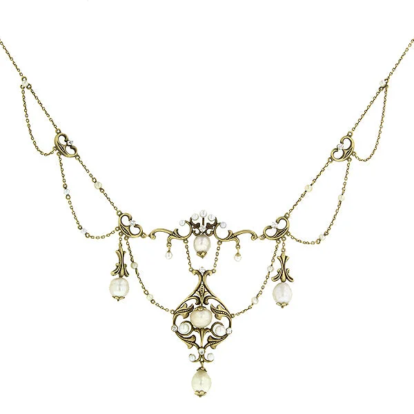 Antique Natural Pearl & Diamond Festoon Necklace