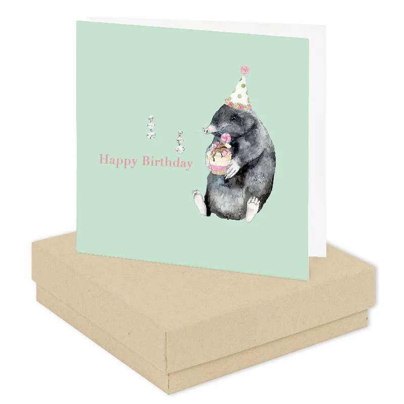 Happy Birthday Sterling Silver Stud Earring Card - Boxed Mole Design