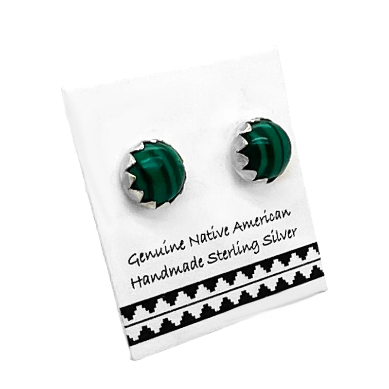 6mm Genuine Malachite Stud Earrings in 925 Sterling Silver, Authentic Native American Handmade, Nickel Free, Dark Green