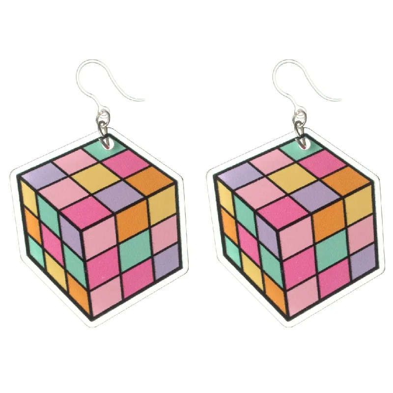 Exaggerated Flat Puzzle Cube Dangles Hypoallergenic Earrings for Sensitive Ears Made with Plastic Posts