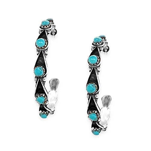 Genuine Sleeping Beauty Turquoise Hoop Earrings, 925 Sterling Silver, Authentic Native American, Handmade in the USA, Nickel Free