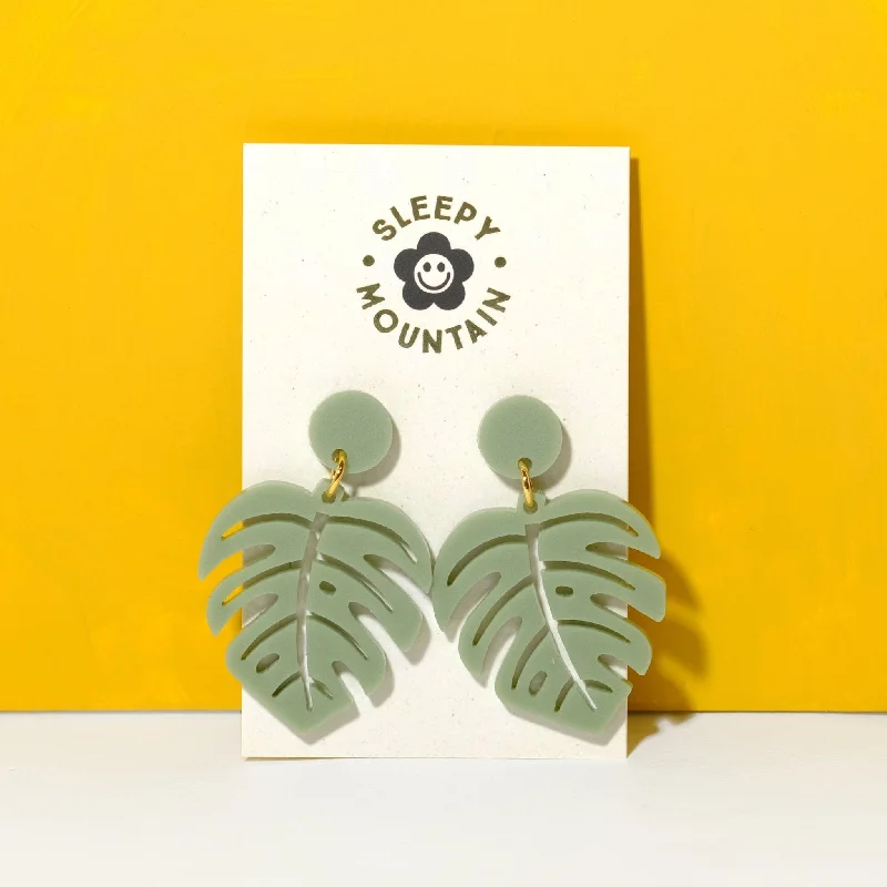 Monstera dangle earrings in sage green