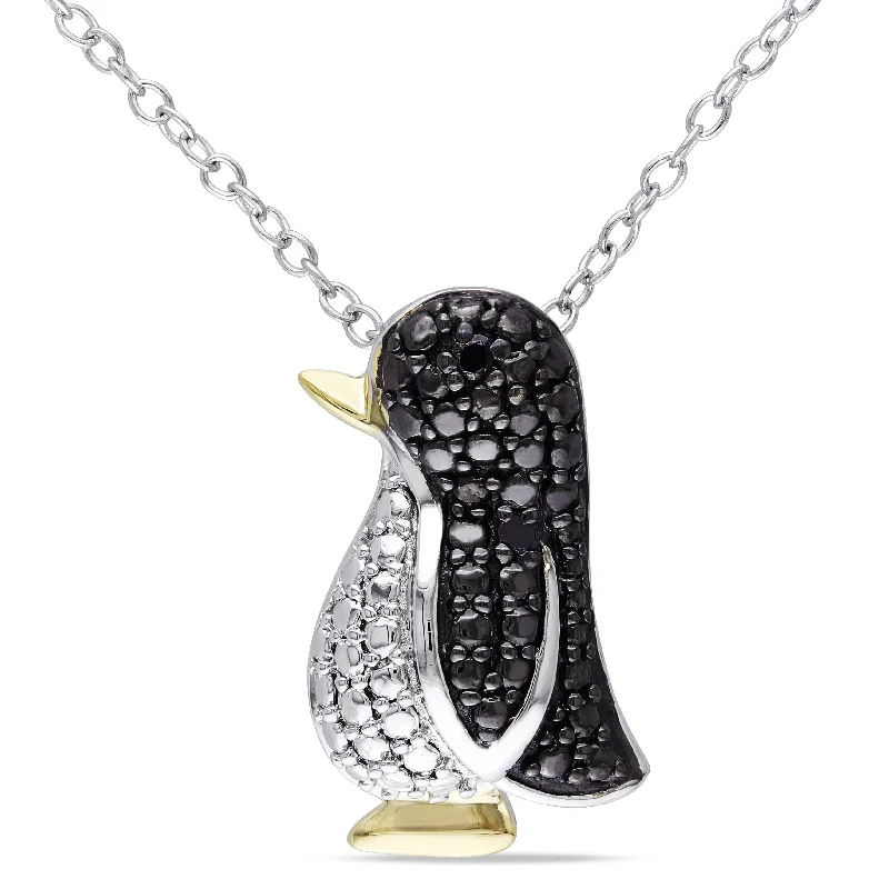 Mimi & Max Black Diamond Penguin Necklace in Two-Tone White and Yellow Sterling Silver