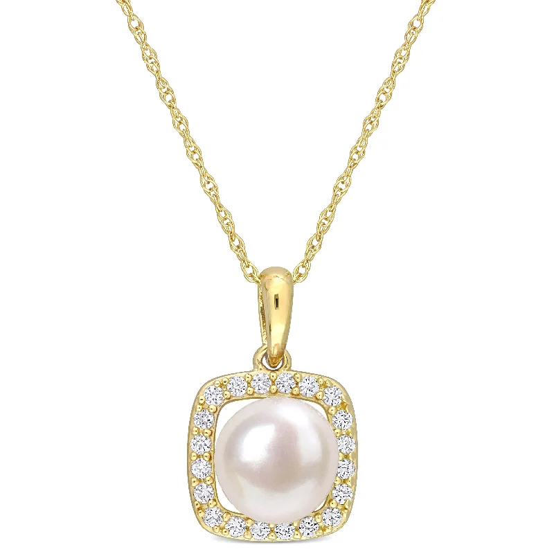 Mimi & Max 7-7.5mm Cultured Freshwater Pearl and 1/5ct TGW Created White Sapphire Halo Necklace in 10k Yellow Gold