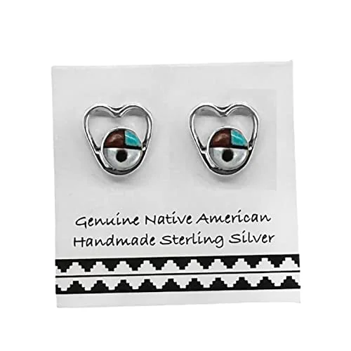 7mm Genuine Sunface Heart Stud Earrings, 925 Sterling Silver, Authentic Native American USA Handmade, Nickel Free