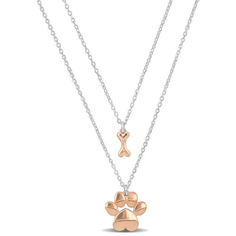 Mimi & Max Pink Paw and Bone Two Strand Charm Necklace in Sterling Silver - 16+18 w/ 1 in. ext.