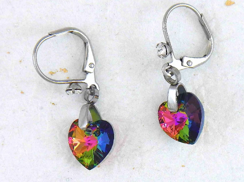 Short earrings with 10mm faceted Vitrail Medium (fuchsia, orange, green) Swarovski crystal hearts, stainless steel lever back hooks with tiny clear crystals