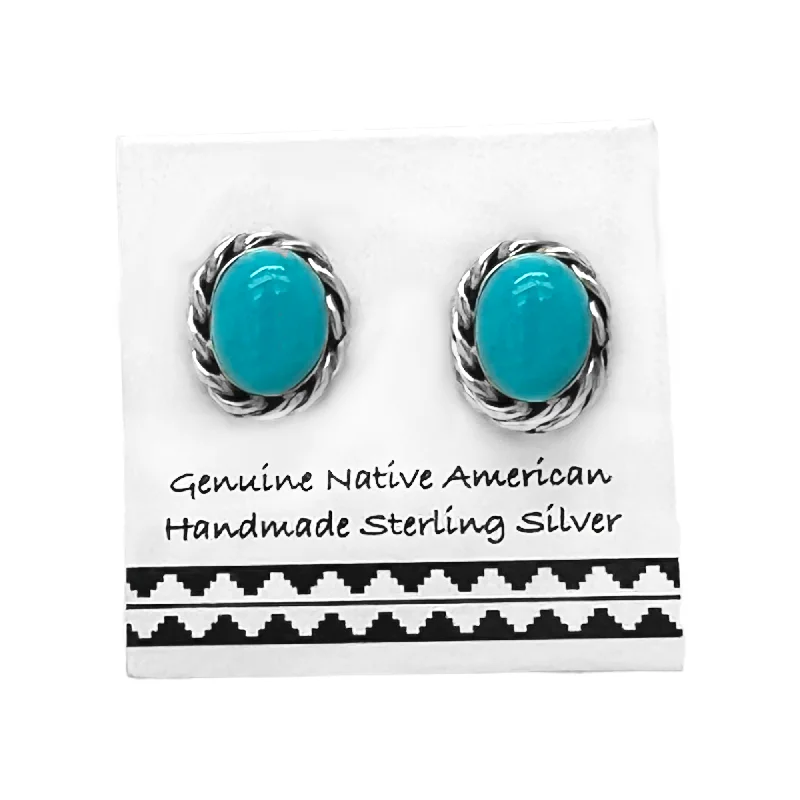 Genuine Sleeping Beauty Turquoise Stud Earrings, Sterling Silver, Authentic Native American Handmade, Oval, Light Blue