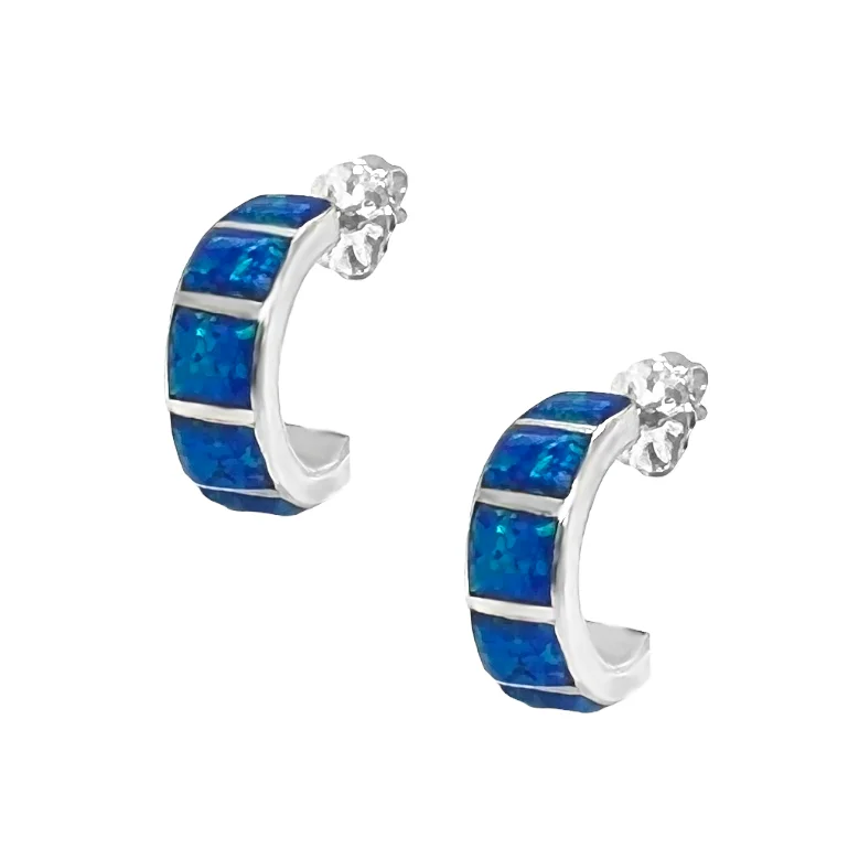 Desert Opal Half Hoop Earrings, Native American USA Handmade, 925 Sterling Silver, Dark Blue Synthetic Opal, Nickle Free