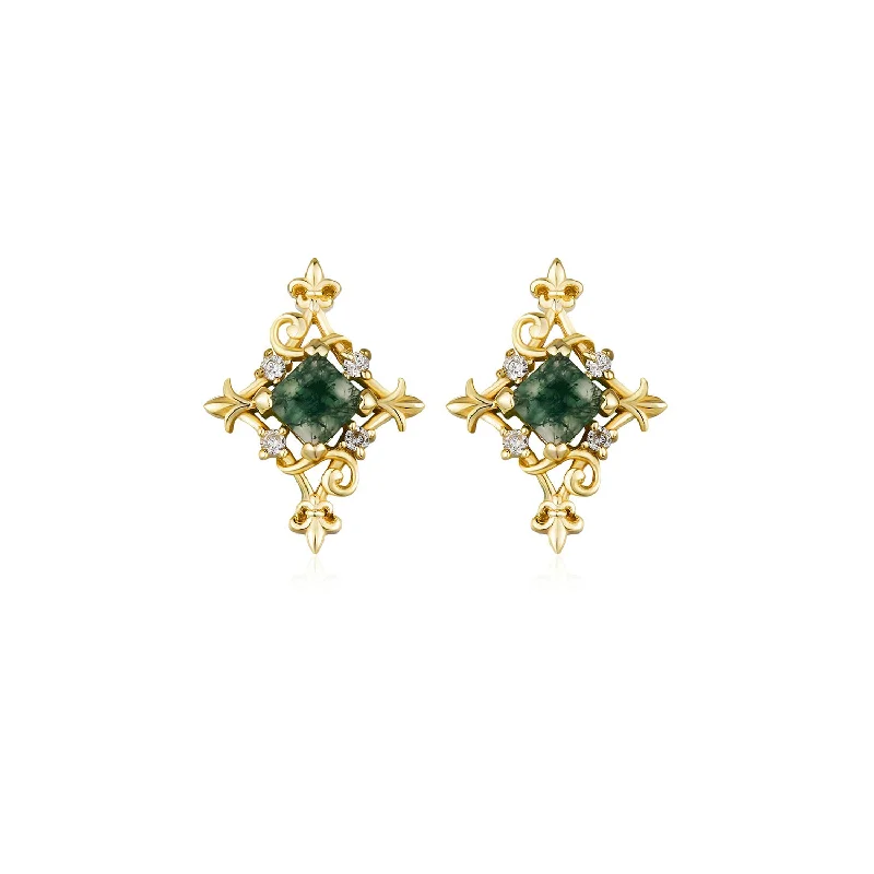 Vine Diamond Moss Agate Studs (Yellow Gold)