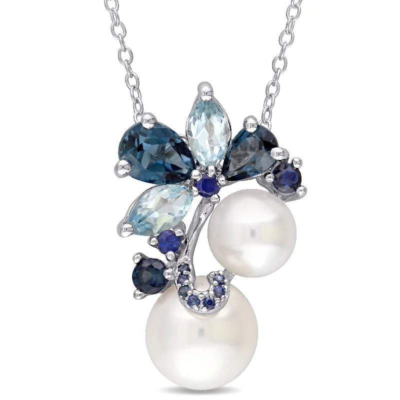 Mimi & Max White Cultured Freshwater Pearl, London and Sky-Blue Topaz, and Sapphire Pendant with Chain in Sterling Silver