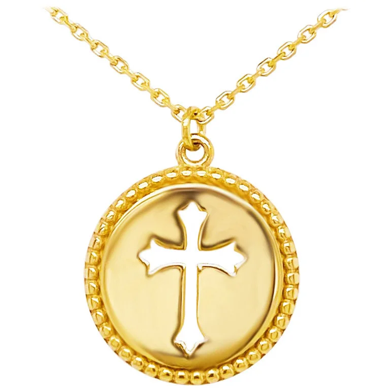 Cross Cut Out Gold Disk Pendant & Adjustable Chain in 14K Gold