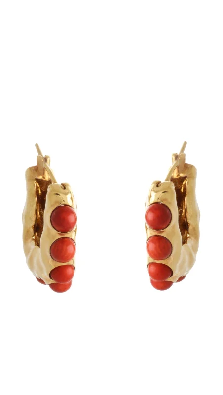 WAVE HOOP EARRINGS WITH CORAL COLORED STONES