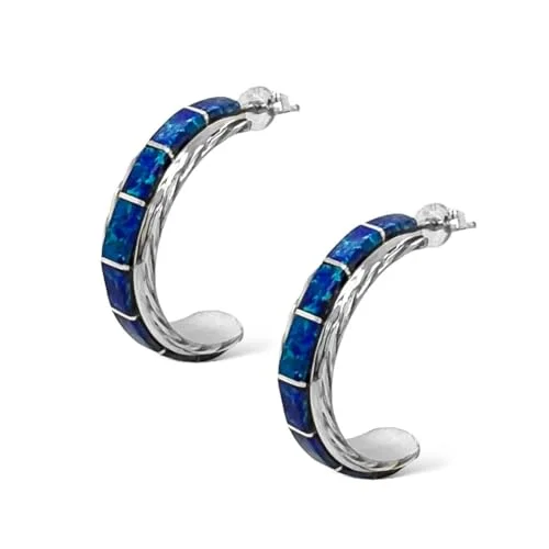 Dark Blue Desert Opal Hoop Earrings, 925 Sterling Silver, Authentic Native American Handmade in New Mexico, USA, Jewelry for Women, Drop and Dangle, Nickel Free