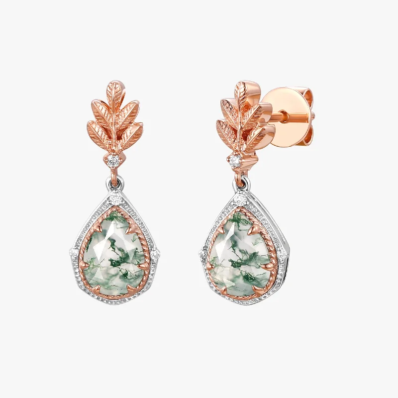 Pear Moss Agate & Moissanite Leafy Earrings