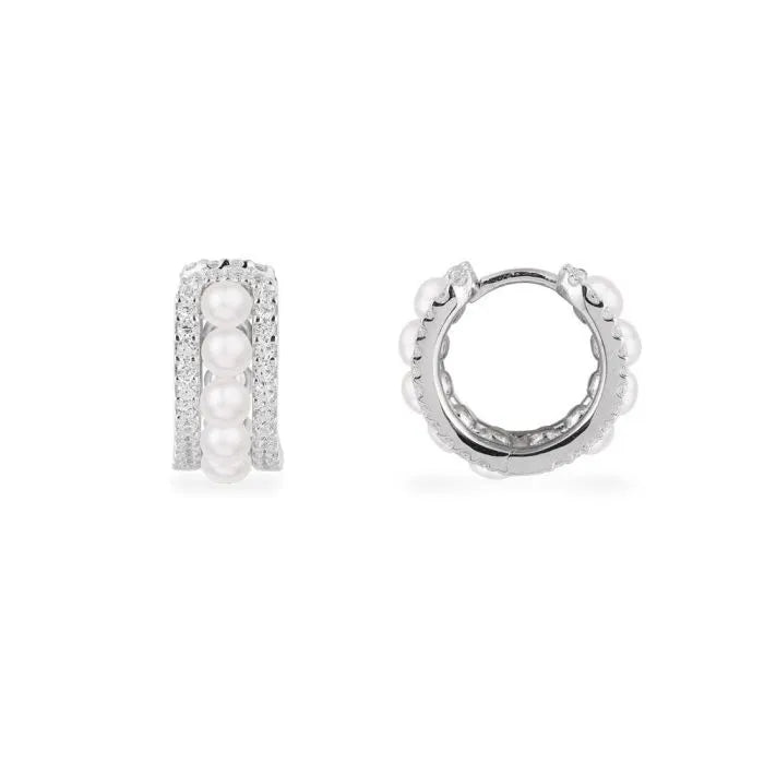 APM Eternelle Sterling Silver Small Double Paved Hoop Earrings with Pearls AE12369XPL