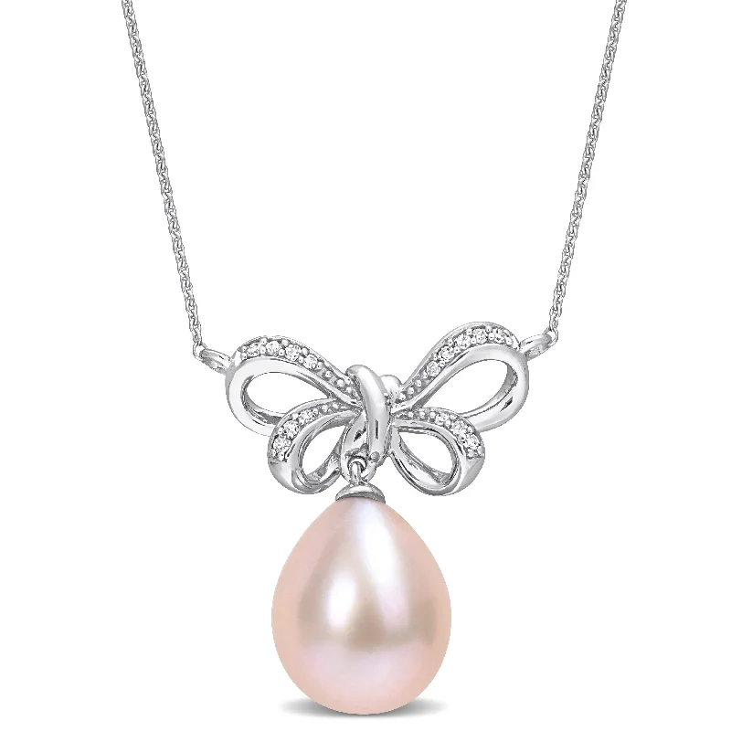 Mimi & Max 9.5-10mm Cultured Freshwater Pink Pearl and Diamond Accent Bow Necklace in 10k White Gold