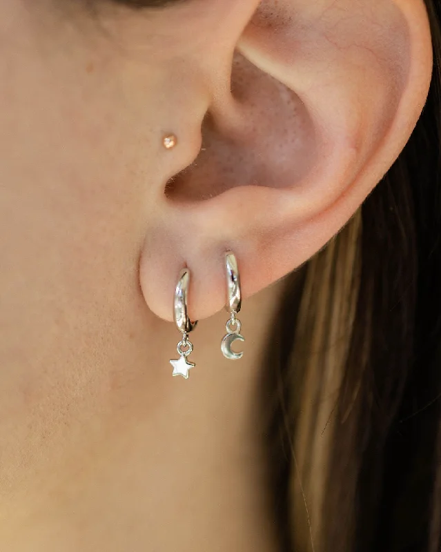 Star and Moon Huggie Hoop Earrings in Silver