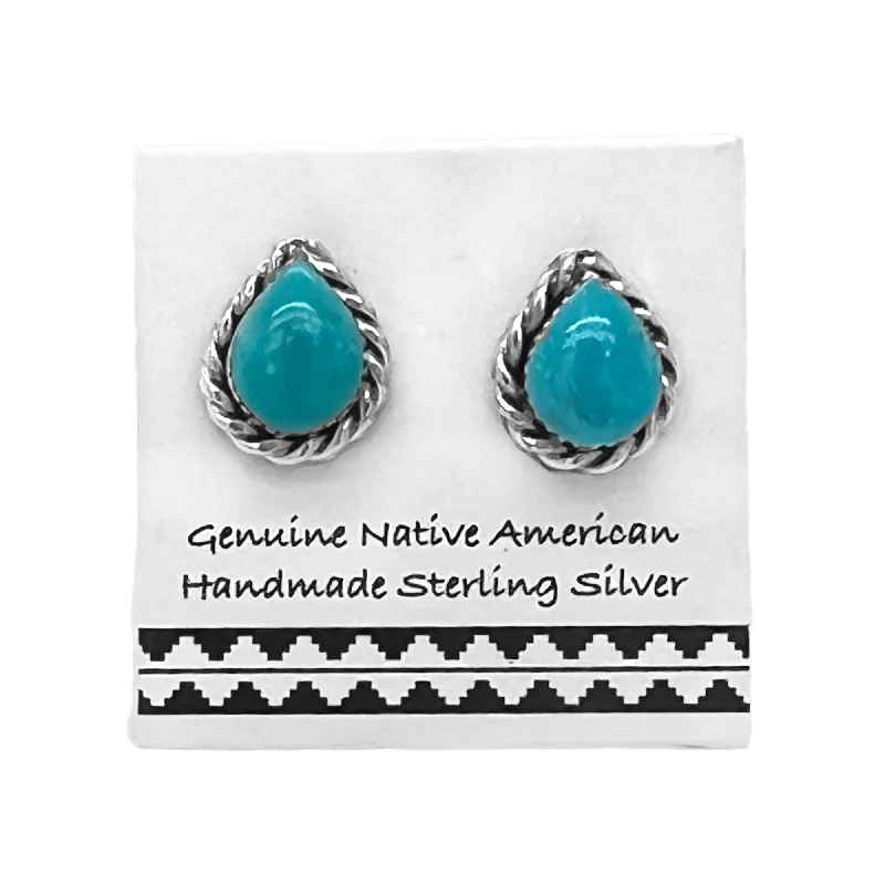 Genuine Sleeping Beauty Turquoise Stud Earrings, Sterling Silver, Authentic Navajo Native American Handmade, Nickel Free