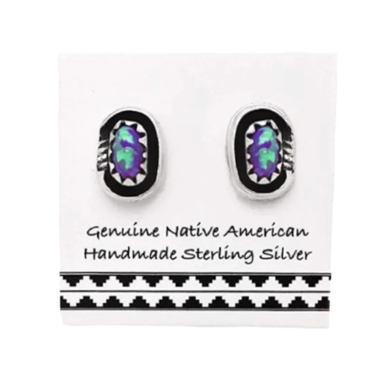 9mm Purple Desert Opal Stud Earrings, 925 Sterling Silver, Native American USA Handmade, Purple Synthetic Opal, Oval