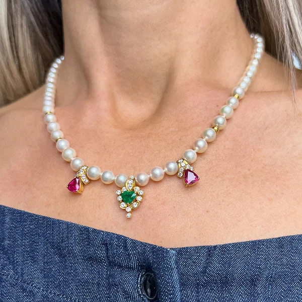 Vintage Pearl, Ruby, Emerald & Diamond Necklace