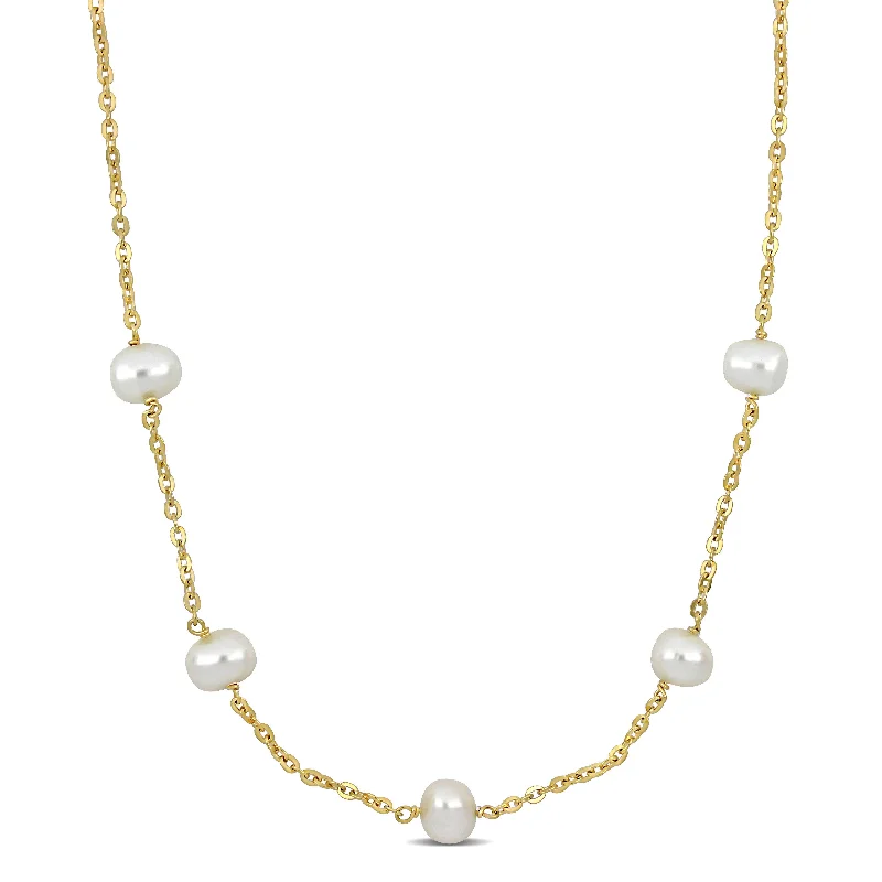 Mimi & Max 9-10mm Cultured Freshwater Pearl Station Necklace in Yellow Silver - 18+2 in