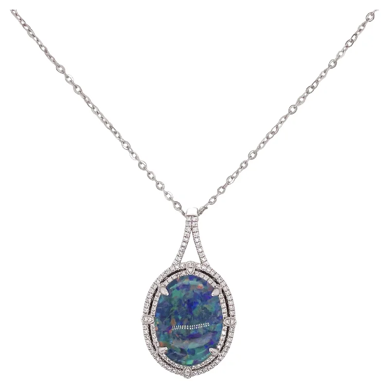 Austrailian Black Opal Necklace Double Diamond Halo