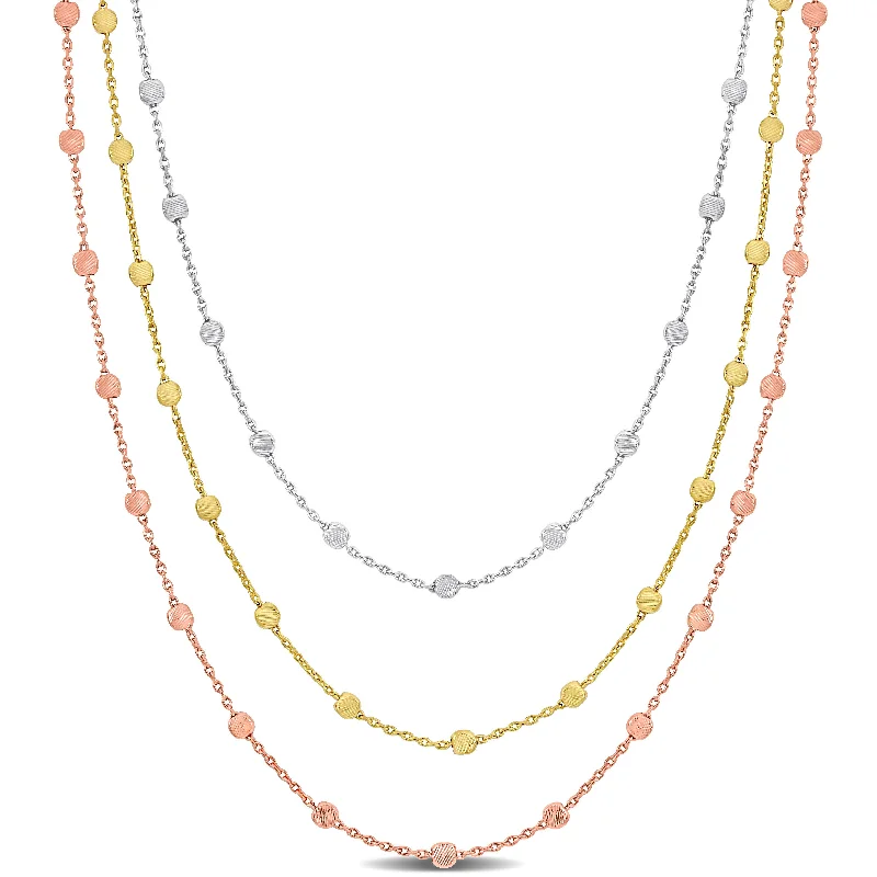 Mimi & Max 3-Strand Ball Station Necklace in 3-Tone Rose Yellow and White Sterling Silver - 16+2 in