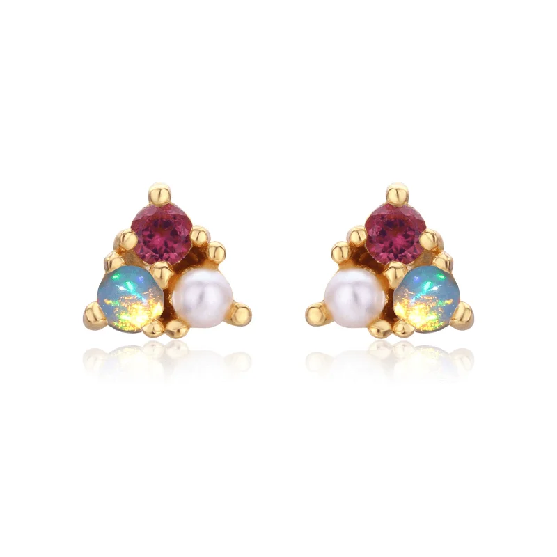 Opal Pink Tourmaline Pearl Trio Earring Studs