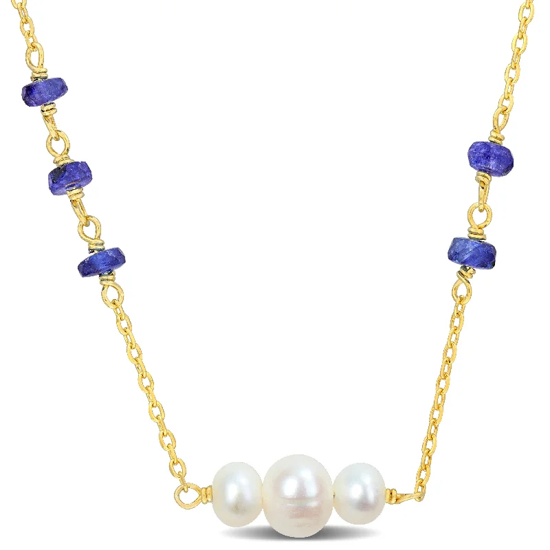 Mimi & Max 2 1/2ct TGW Blue Sapphire Beads and 4-6.5mm Cultured Freshwater Pearl Necklace in Yellow Siilver - 17+2 in.