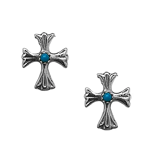 Genuine Sleeping Beauty Turquoise Cross Earrings, Sterling Silver, Authentic Native American Handmade in New Mexico, USA, Post Stud