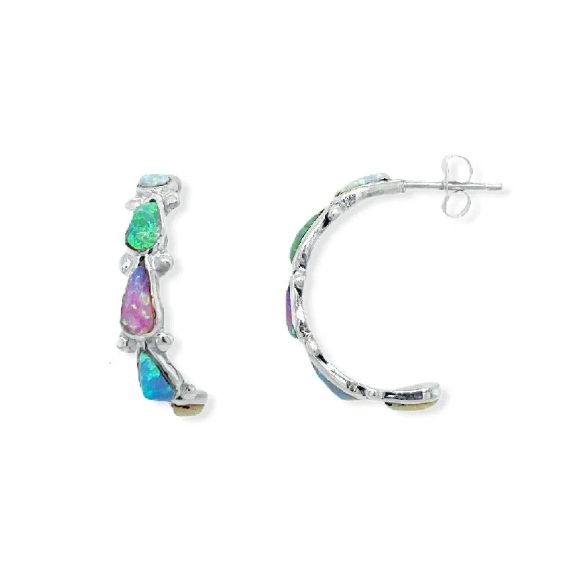 Desert Opal Half Hoop Earrings, Native American USA Handmade, 925 Sterling Silver, Multicolor Synthetic Opal, Nickle Free