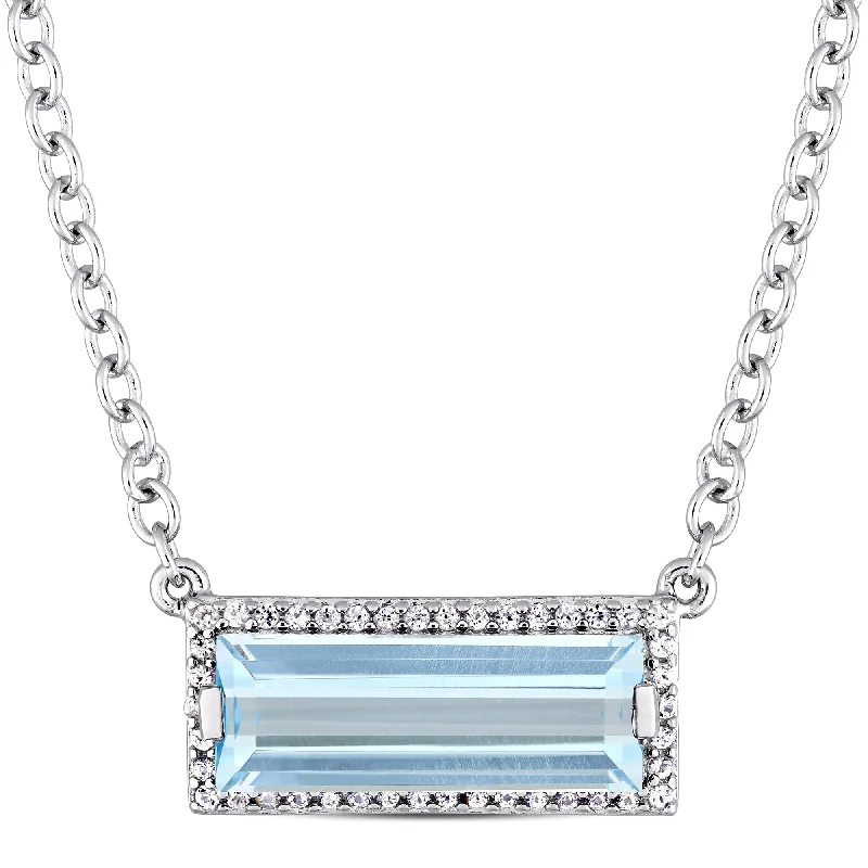 Mimi & Max 3ct TGW Baguette Cut Blue Topaz and White Sapphire Halo Necklace in Sterling Silver