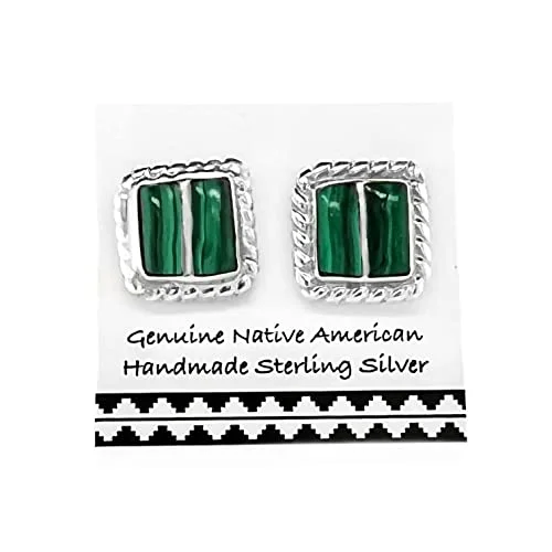 Genuine Malachite Earrings, Sterling Silver, Authentic Native American Handmade in New Mexico, USA, Post Style, Green