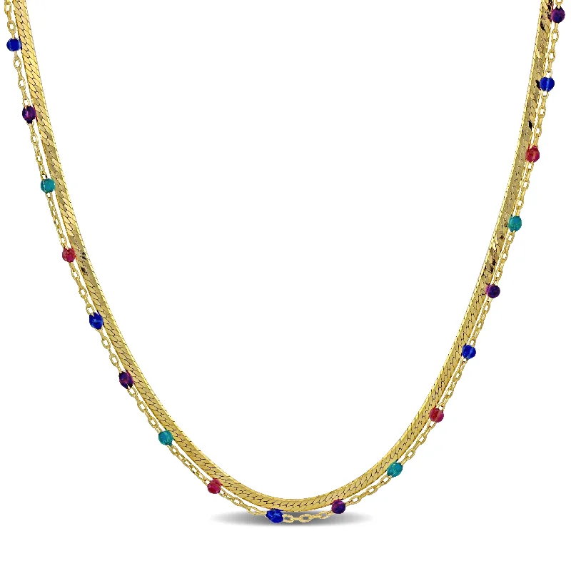 Mimi & Max Multi Color Bead Double Strand Herringbone Chain Necklace in Yellow Silver - 15+2 in.