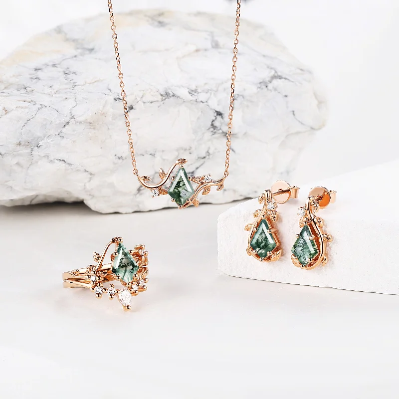 Nature Inspired - Unique Kite Cut Moss Agate Leafy Ring & Necklace & Earrings Sets 5PCS - Willow Jewelry Sets